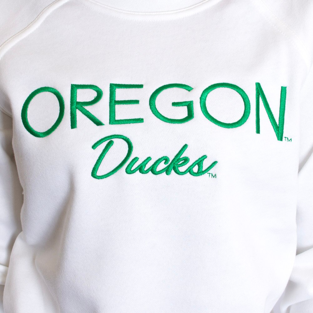 Oregon Ducks, League, White, Pullover, Cotton Blend, Women, Embroidered, Academy, Crew neck, Sweatshirt, 813945